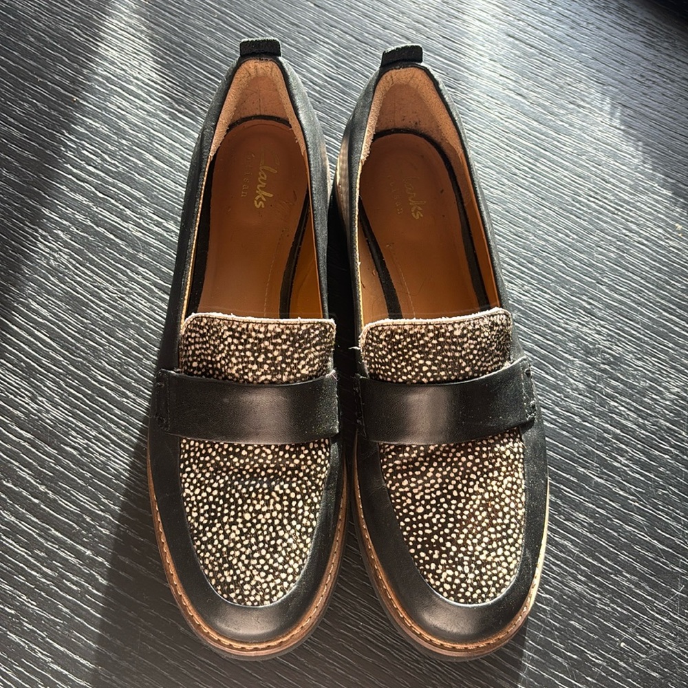 Clarks Black and White Loafers